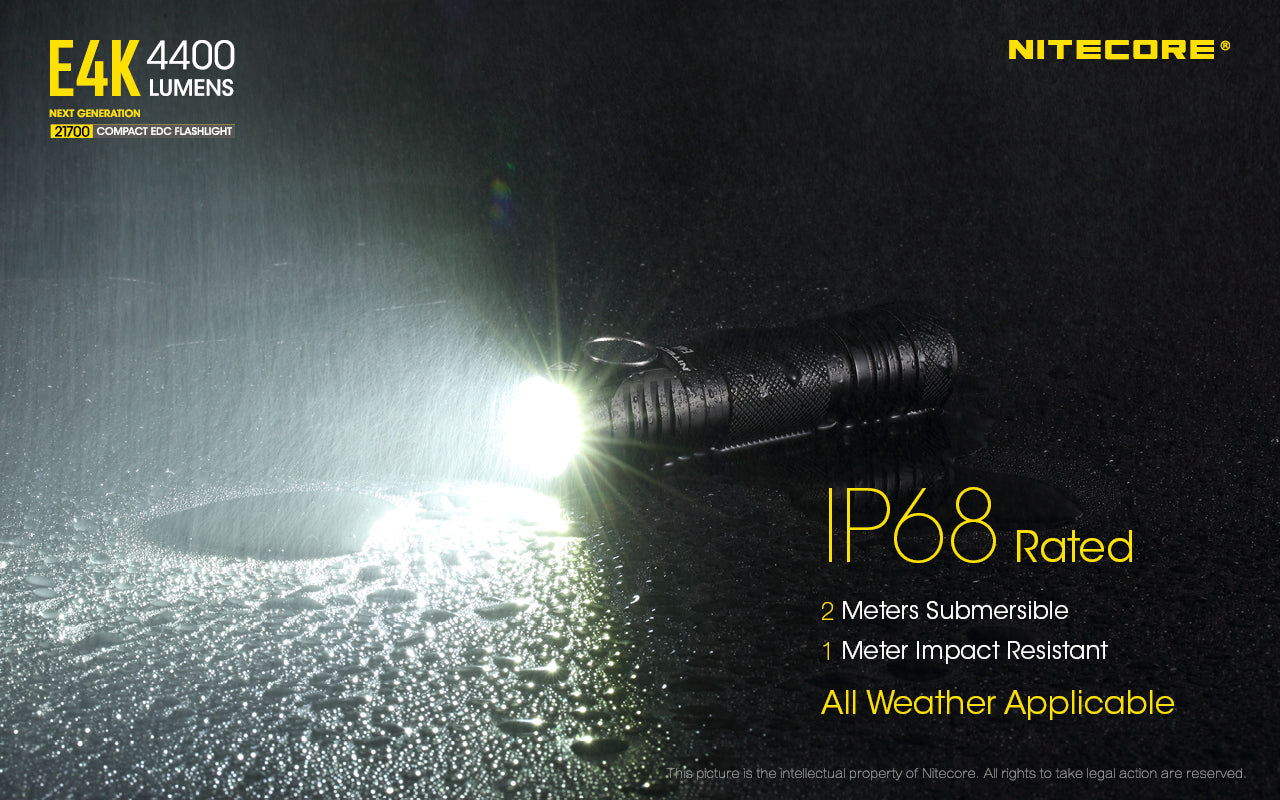 Nitecore E4K Next Generation 21700 Compact EDC flashlight has IP68 rated.