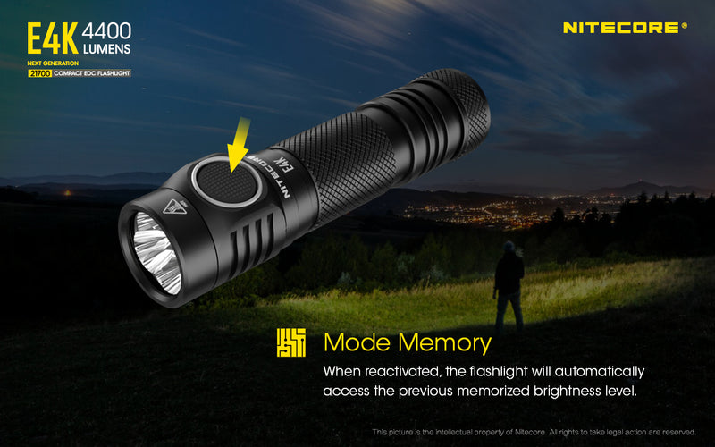 Nitecore E4K Next Generation 21700 Compact EDC flashlight has Mode Memory.