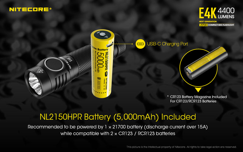 Nitecore E4K Next Generation 21700 Compact EDC flashlight has NL2150HPR Battery 5000 mah included