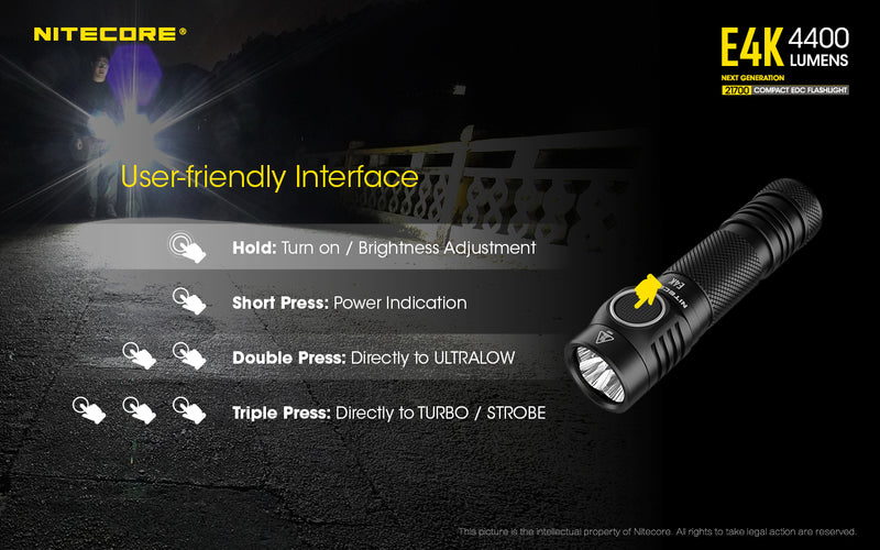Nitecore E4K Next Generation 21700 Compact EDC flashlight has User Friendly Interface.