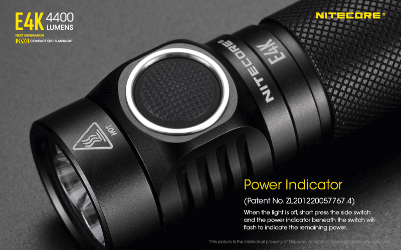 Nitecore E4K Next Generation 21700 Compact EDC flashlight has power Indicator