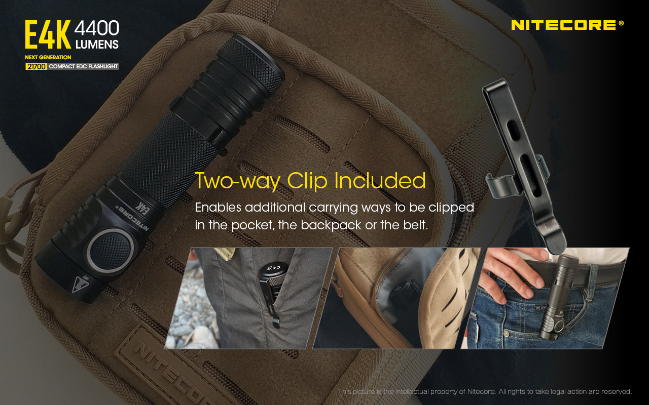 Nitecore E4K Next Generation 21700 Compact EDC flashlight has two way Clip Included