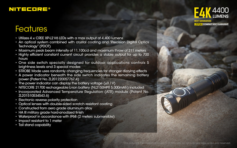 Nitecore E4K Next Generation 21700 Compact EDC flashlight's Features
