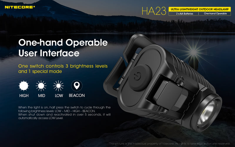 Nitecore HA23 Ultraweight Outdoor Headlamp is one hand operable user interface.
