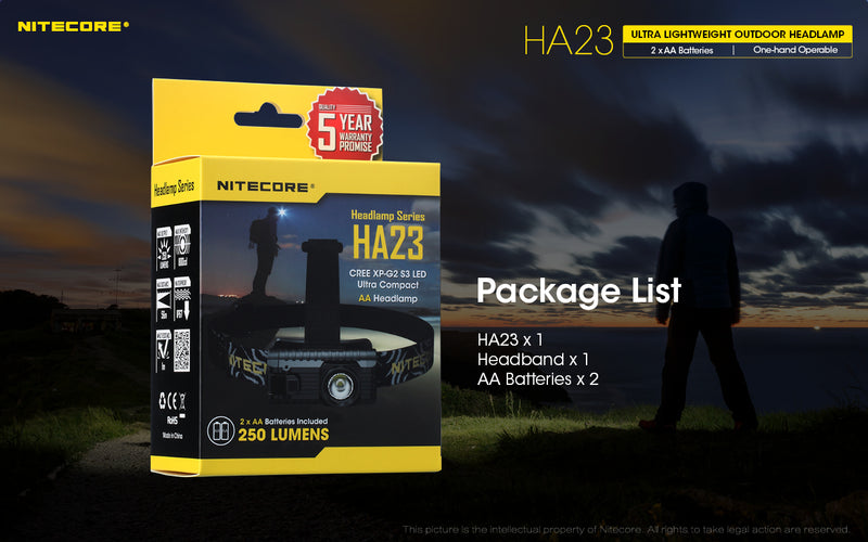 Nitecore HA23 Headlamp package included HA23, Headband and 2 x AA batteries.