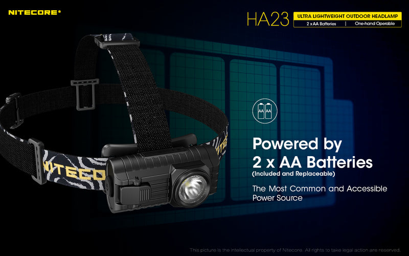 Nitecore HA23 Ultraweight Outdoor Headlamp is powered by 2 X AA batteries.