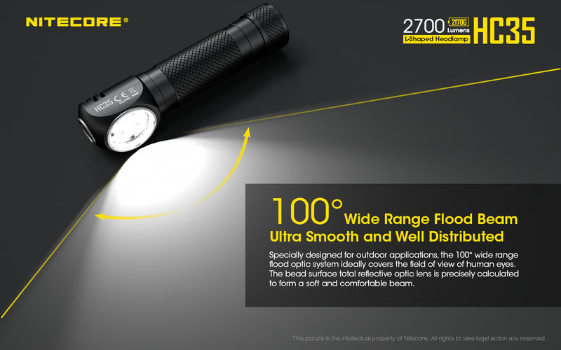 Nitecore HC35 Next Generation 21700 L shaped Headlamp has 100 degrees wide range flood beam with ultra smooth and well distributed.