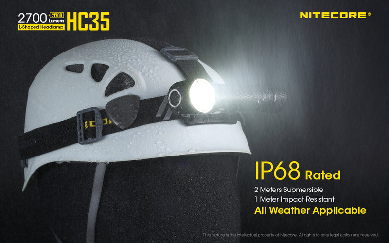 Nitecore HC35 Next Generation 21700 L shaped Headlamp has IP68 Rated with all weather applicable.