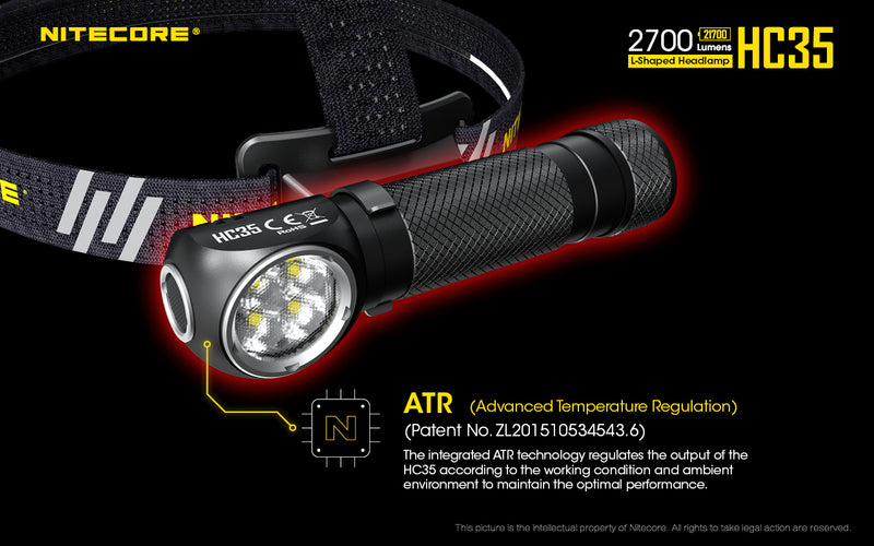Nitecore HC35 Next Generation 21700 L shaped Headlamp has advanced temperature regulation.