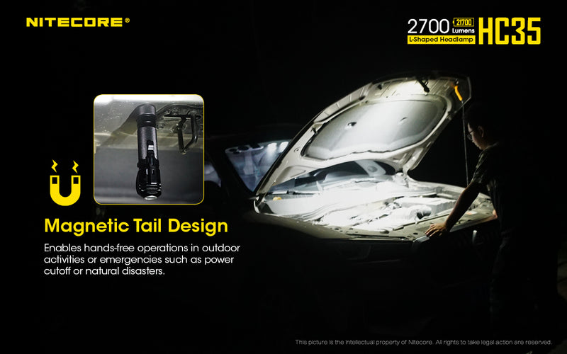 Nitecore HC35 Next Generation 21700 L shaped Headlamp has magnetic tail design.