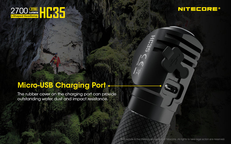 Nitecore HC35 Next Generation 21700 L shaped Headlamp has micro usb charging port.