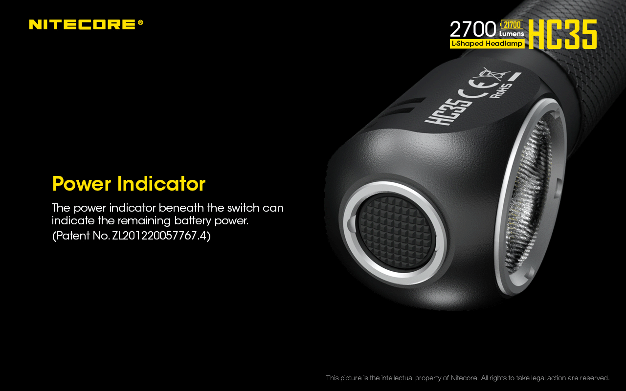 Nitecore HC35 Next Generation 21700 L shaped Headlamp has power indicator.