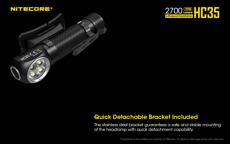 Nitecore HC35 Next Generation 21700 L shaped Headlamp has quickly detachable bracket included.