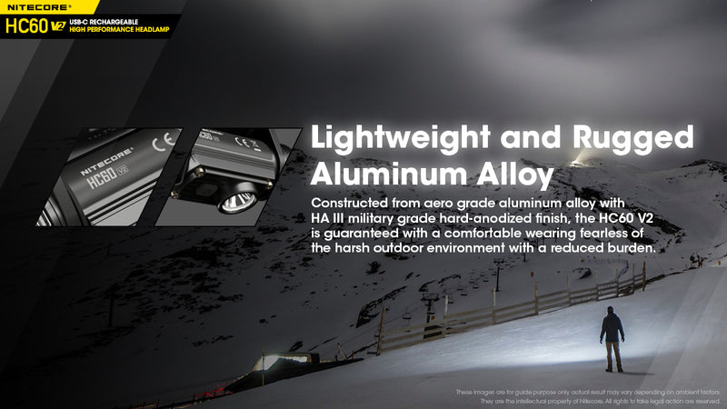 Nitecore HC60 V2 USB C rechargeable headlamp is lightweight and rugged aluminum alloy