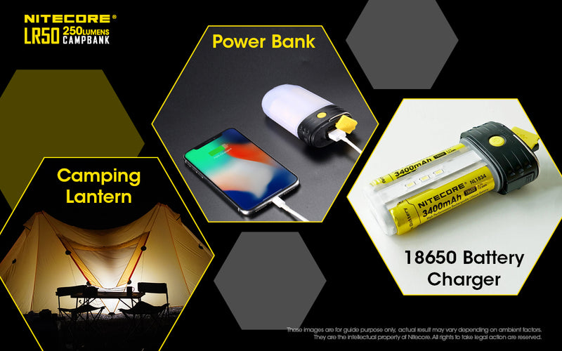 Nitecore LR50 can be used as a camping lantern and power bank and 18650 battery charger.