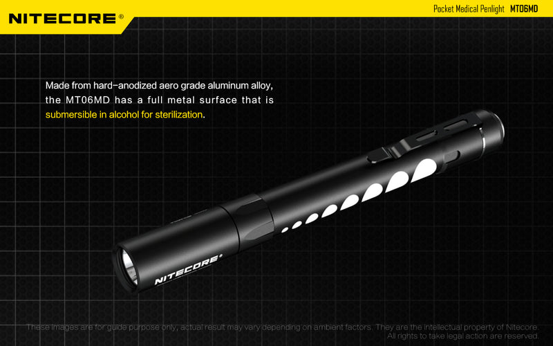 Nitecore MT06MD is made from hard anodized aero grade aluminum alloy, the MT06MD has a full metal surface that is submersible in alcohol for sterilization.