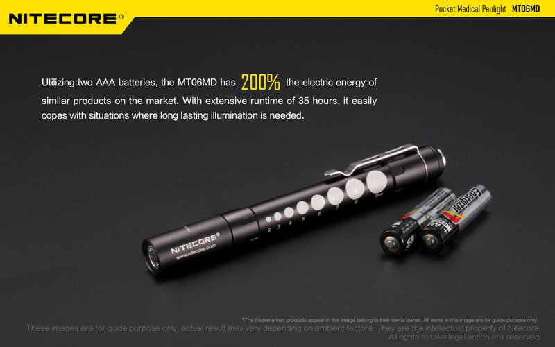 Nitecore MT06MD utilizing two AAA batteries, the MT06MD has 100% the electric energy of similar products on the market. 