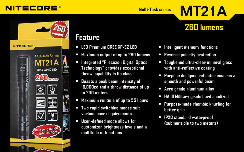 Nitecore MT21A Ultra long range 2 x AA flashlight has features.