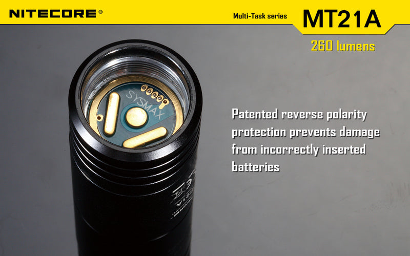 Nitecore MT21A Ultra long range 2 x AA flashlight has patented reverse polarity protection that prevents damage from incorrectly inserted batteries.