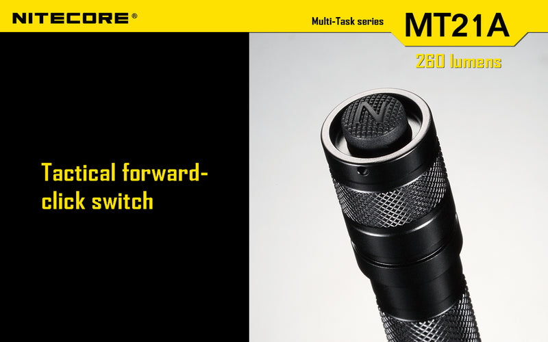 Nitecore MT21A Ultra long range 2 x AA flashlight has tactical forward click switch.
