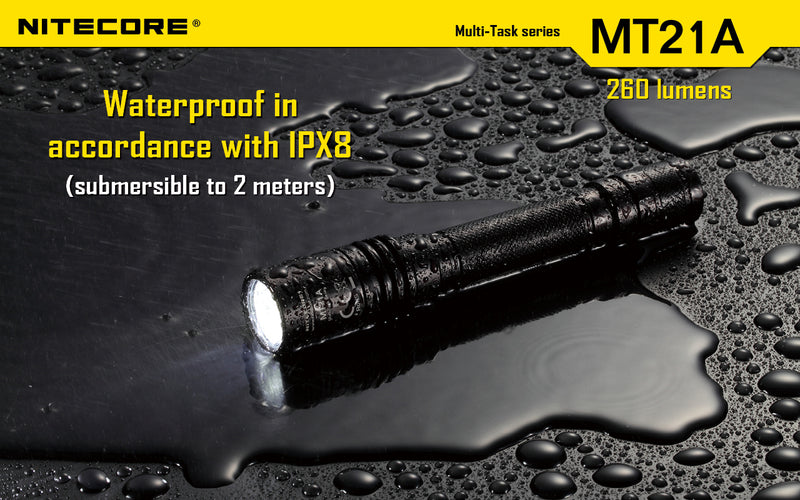 Nitecore MT21A Ultra long range 2 x AA flashlight is waterproof in accordance with IPX8 that is submersible to 2 meters.