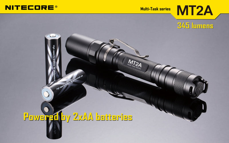 Nitecore MT2A led flashlight is powered by 2 x AA batteries