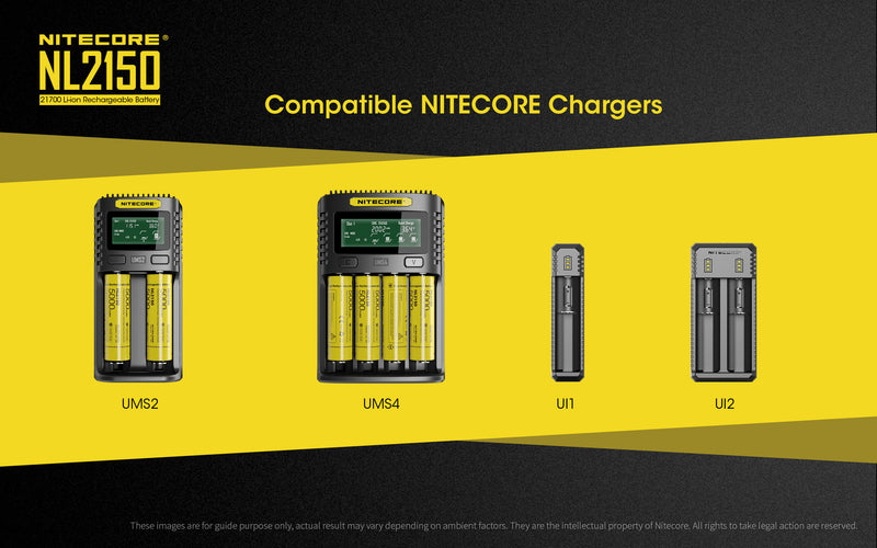 Nitecore NL2150 21700 Li-ion Rechargeable Battery 5000 mAh are compatible Nitecore Chargers.