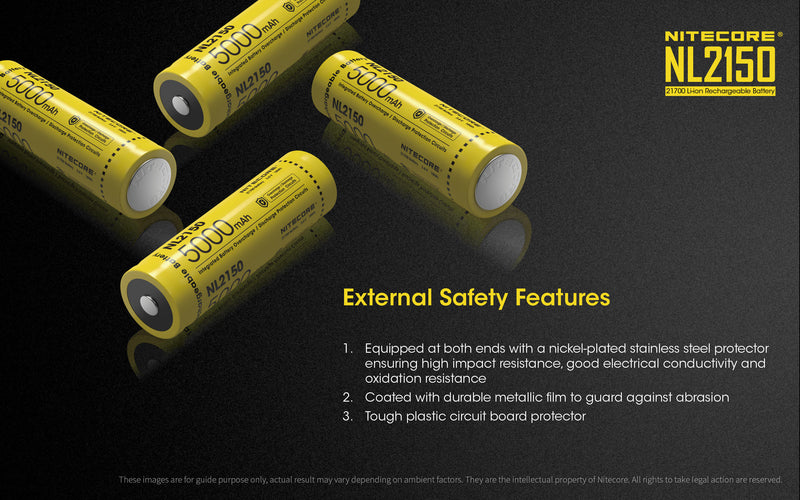 Nitecore NL2150 21700 Li-ion Rechargeable Battery 5000 mAh with external safety features.
