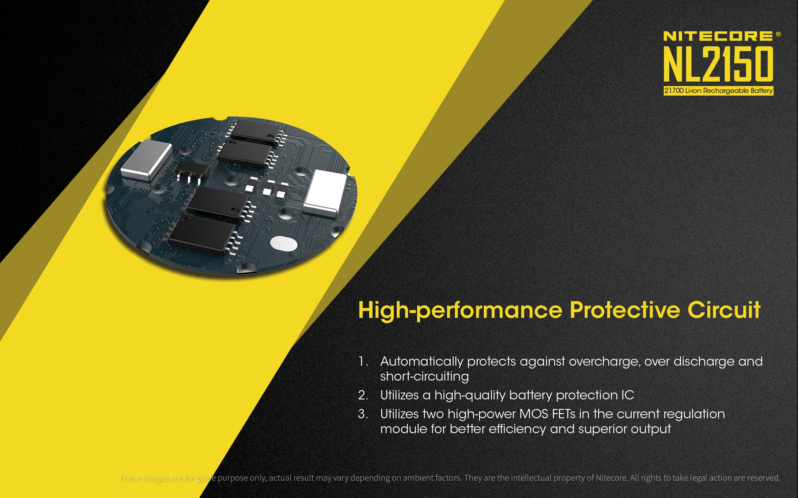 Nitecore NL2150 21700 Li-ion Rechargeable Battery 5000 mAh with high performance circuit.