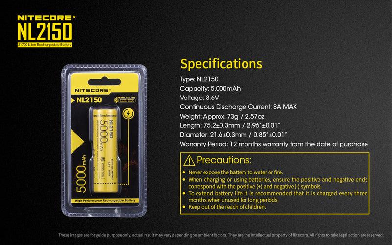 Specifications for Nitecore NL2150 21700 Li-ion Rechargeable Battery 5000 mAh 
