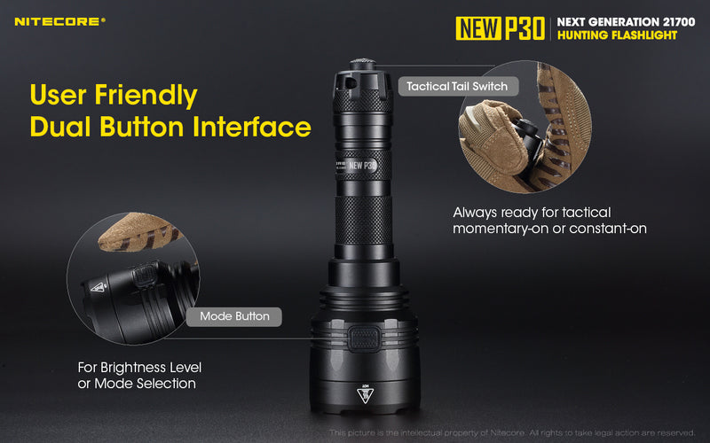 Nitecore New P30 Next Generation 21700 Hunting led flashlight with user friendly dual button interface.