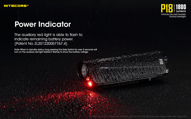 Nitecore P18 1800 lumens unibody die cast futuristic tactical flashlight has power indicator.