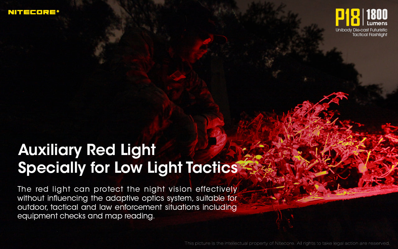 Nitecore P18 1800 lumens unibody die cast futuristic tactical flashlight has an auxiliary red light specially for low light tactics.