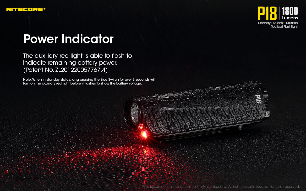 Nitecore P18 tactical LED Flashlight has auxiliary red light specilaly for low light tactics.