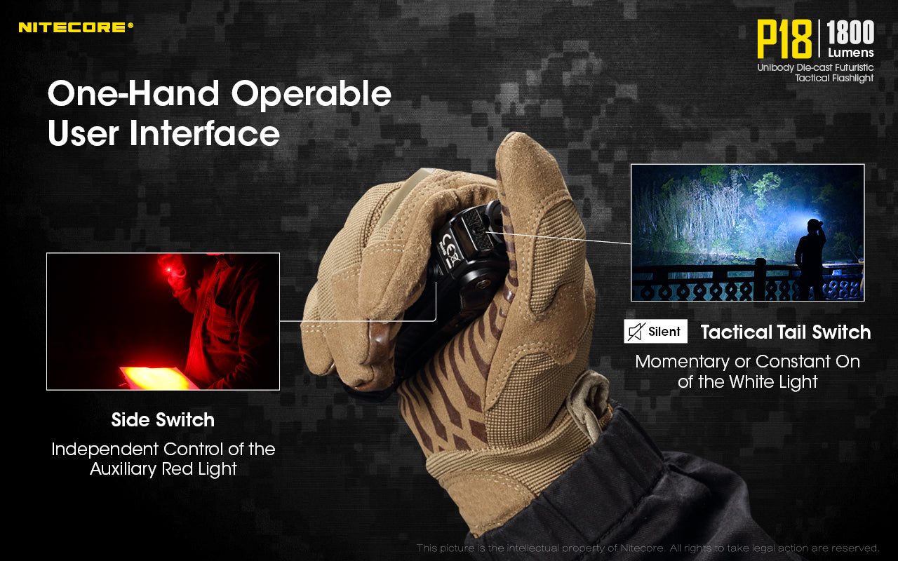 Nitecore P18 tactical LED Flashlight is a one hand operable user interface.