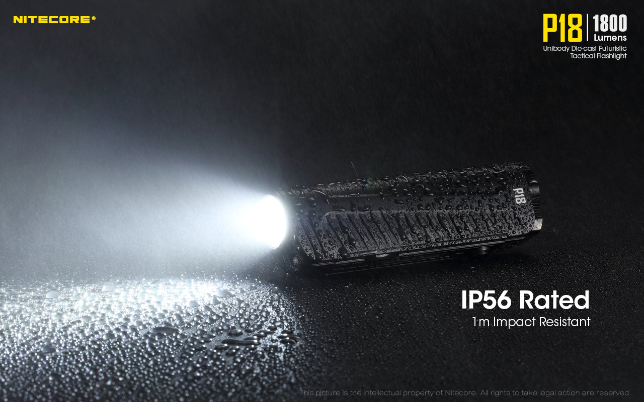 Nitecore P18 1800 lumens unibody die cast futuristic tactical flashlight has an IP56 rated to 1 m impact resistant.
