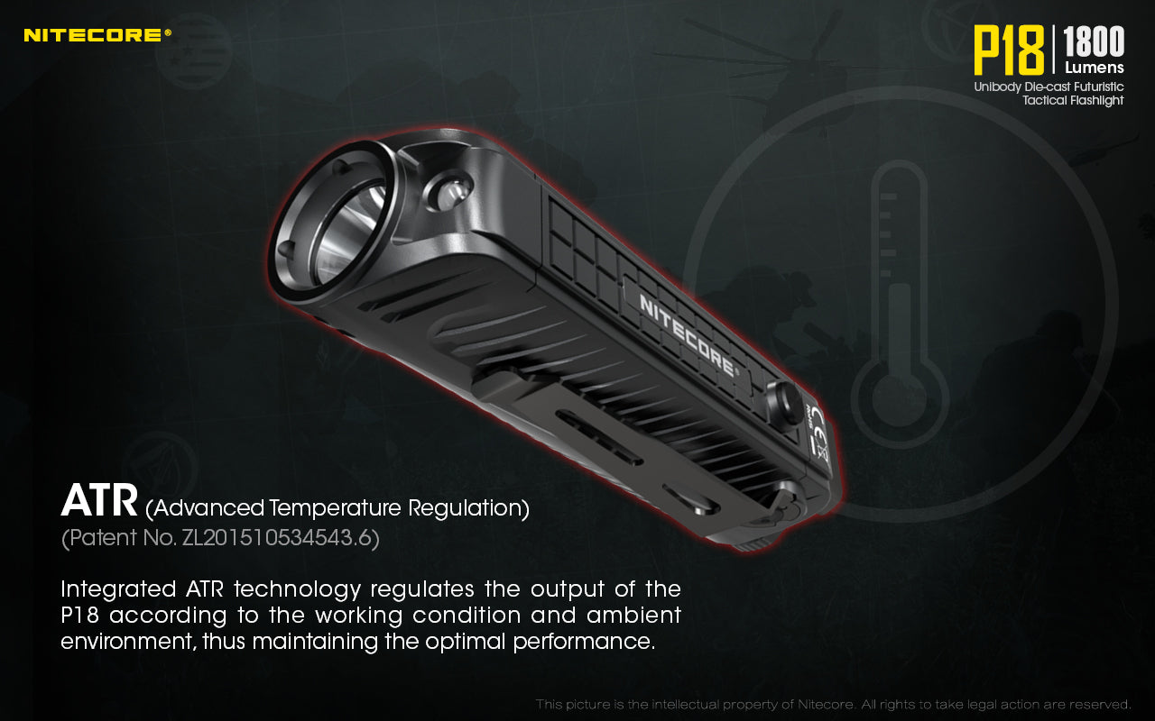 Nitecore P18 tactical LED Flashlight with advanced temperature regulation.