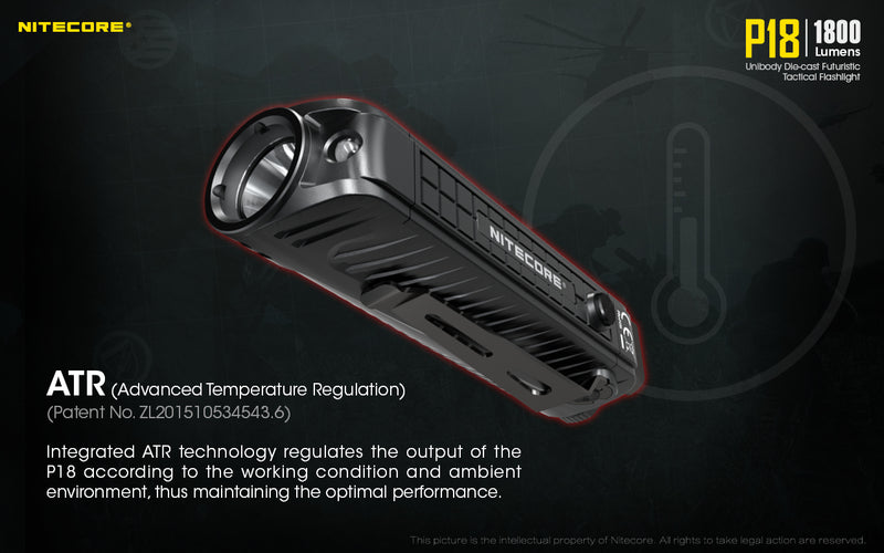 Nitecore P18 tactical LED Flashlight with advanced temperature regulation.