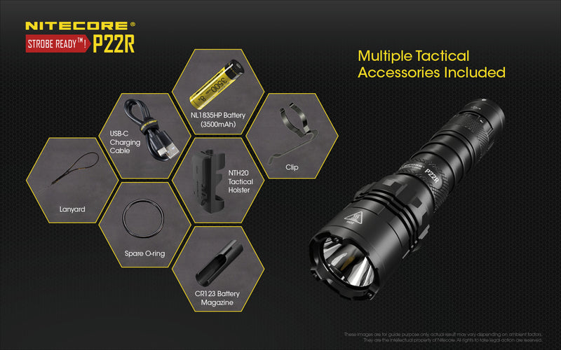 Nitecore P22R Tactical LED Flashlight with Multiple Tactical Accessories Included.