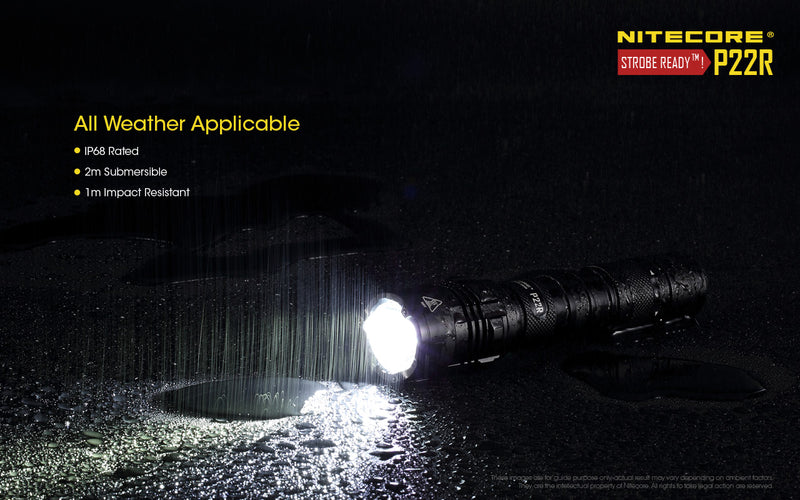 Nitecore P22R Tactical LED Flashlight with all weather applicable with IP68 Rtaed, 2 m Submersible and 1 meter Impact Resistant