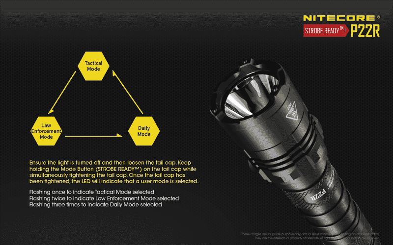 Nitecore P22R Tactical LED flashlight with tactical mode, law enforcement mode and daily mode.