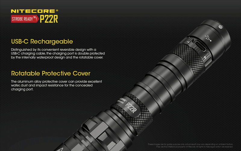 Nitecore P22R tactical led flashlight with USB C Rechargeable and rotatable protective cover