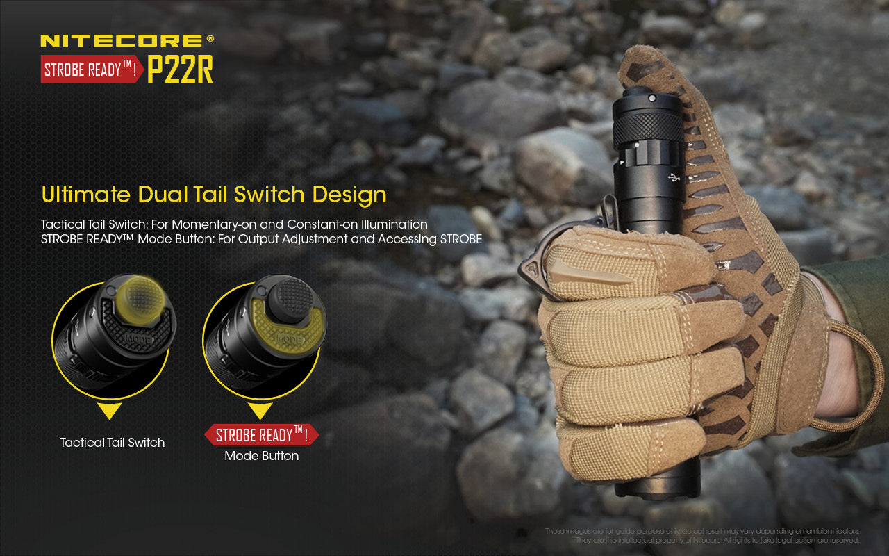Nitecore P22R tactical led flashlight with Ultimate Dual Tail Switch Design