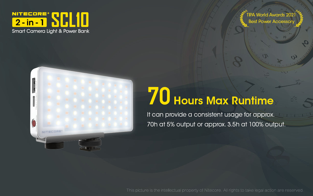 Nitecore SCL10 2 in 1 Smart Camera Light and Power Bank with 70 hours maximum runtime. 