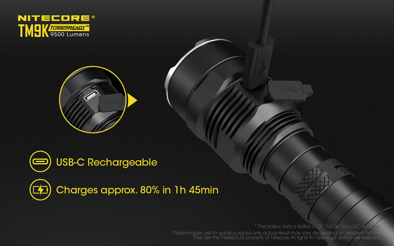 Nitecore TM9K 9500 lumens turbo ready led flashlight with USB C rechargeable.