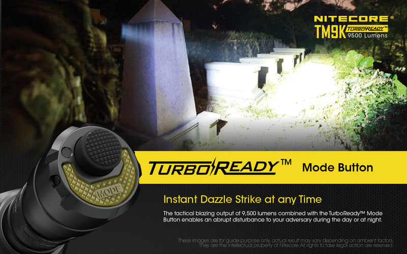 Nitecore TM9K 9500 lumens turbo ready led flashlight with instant dazzle strike at any time.