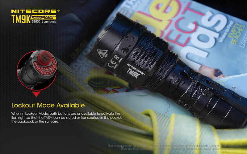 Nitecore TM9K 9500 lumens turbo ready led flashlight with lockout mode available..