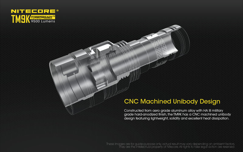Nitecore TM9K 9500 lumens turbo ready led flashlight with machined unibody design.