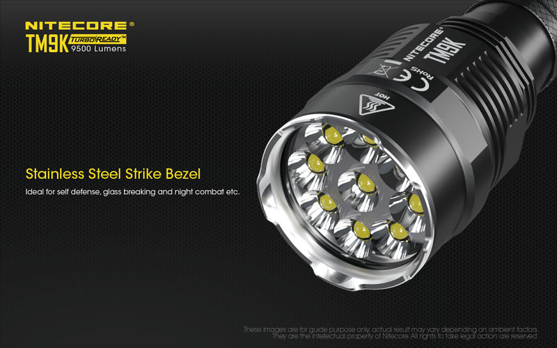 Nitecore TM9K 9500 lumens turbo ready led flashlight with stainless steel strike bezel.