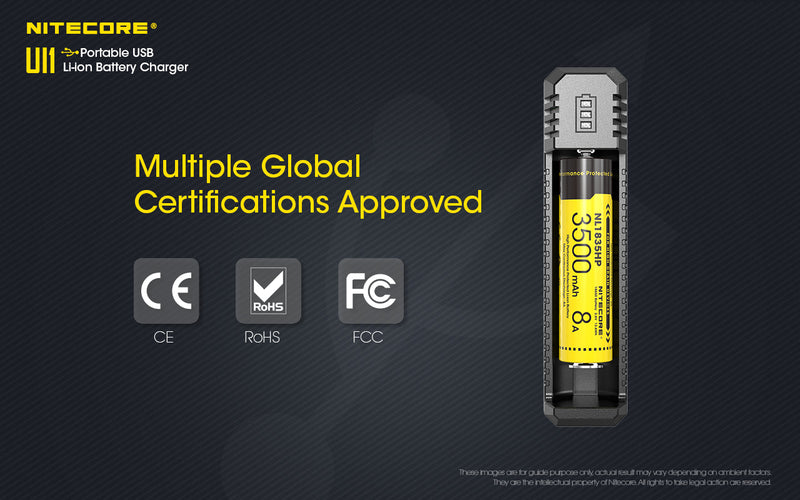 Nitecore UI2 Portable Dual Slot USB Li ion Battery Charger has multiple global certifications approved.